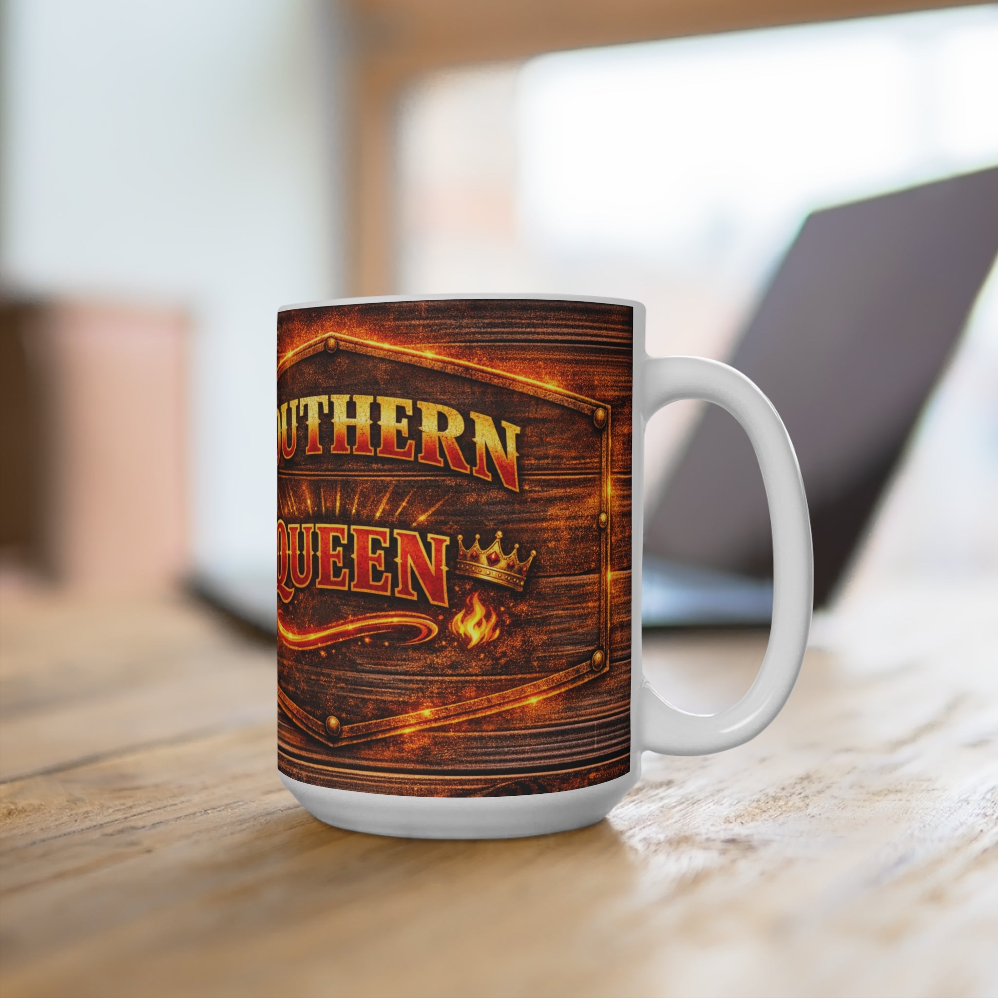Southern Queen 15oz Coffee Mug — Rustic Wood, Crown & Flame Design