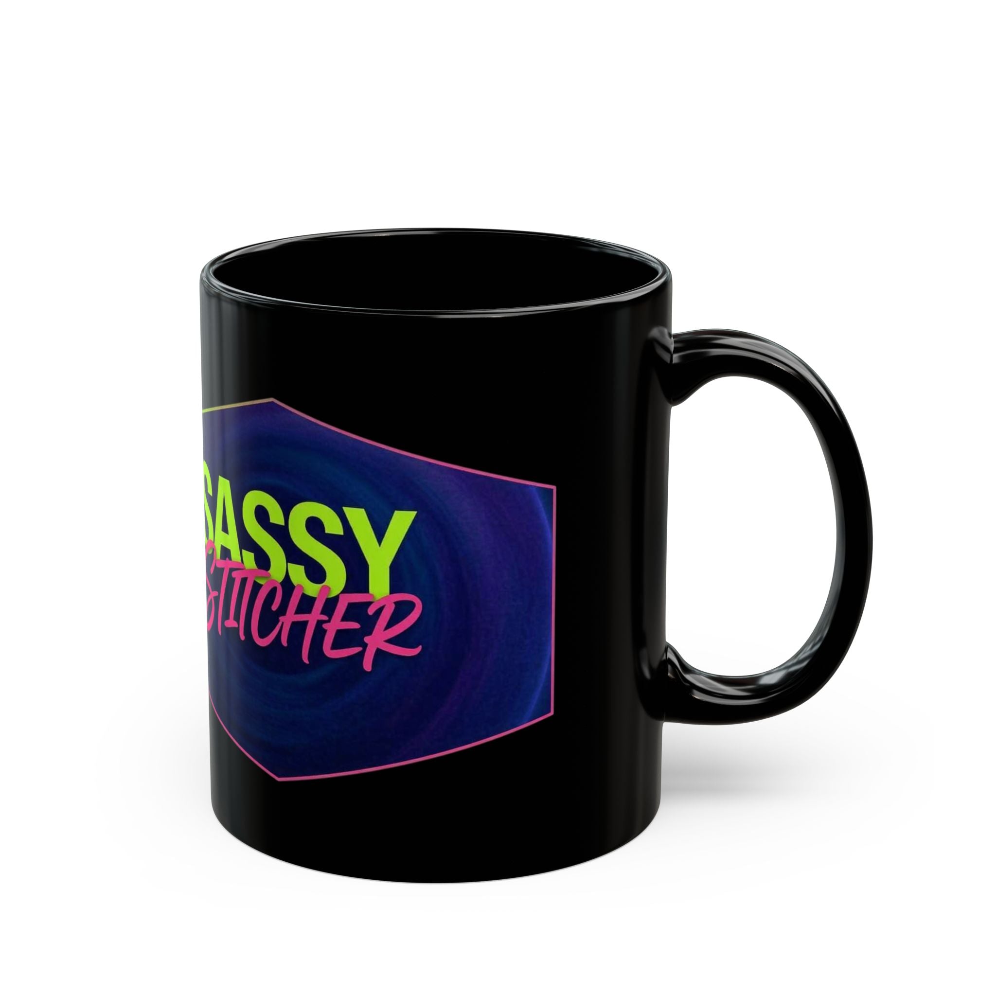 Sassy Stitcher Black Mug – Retro Neon Embroiderer Coffee Cup (11oz & 15oz)