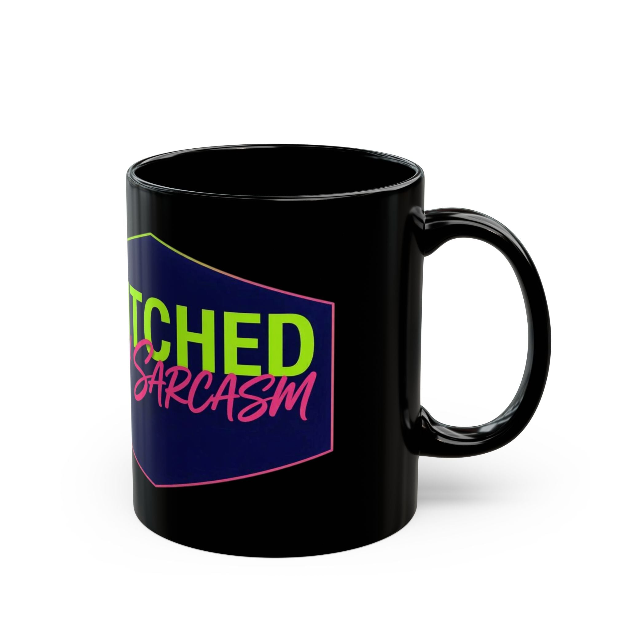 Mug - "Stitched with Sarcasm" Neon Graphic Black Coffee Mug (11oz/15oz)