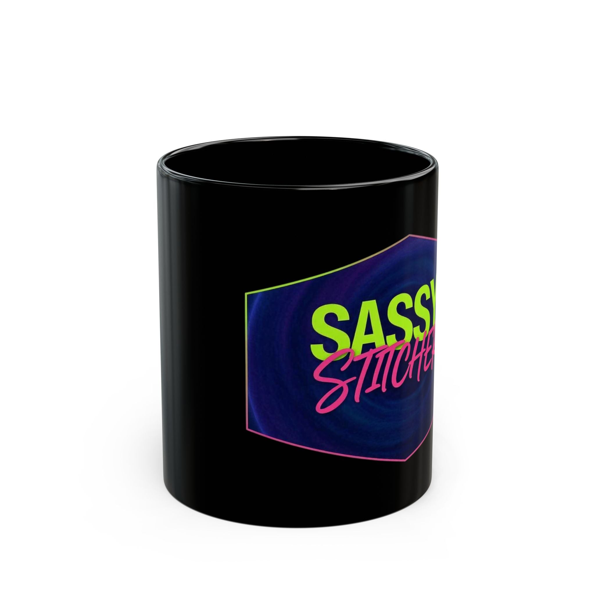 Sassy Stitcher Black Mug – Retro Neon Embroiderer Coffee Cup (11oz & 15oz)