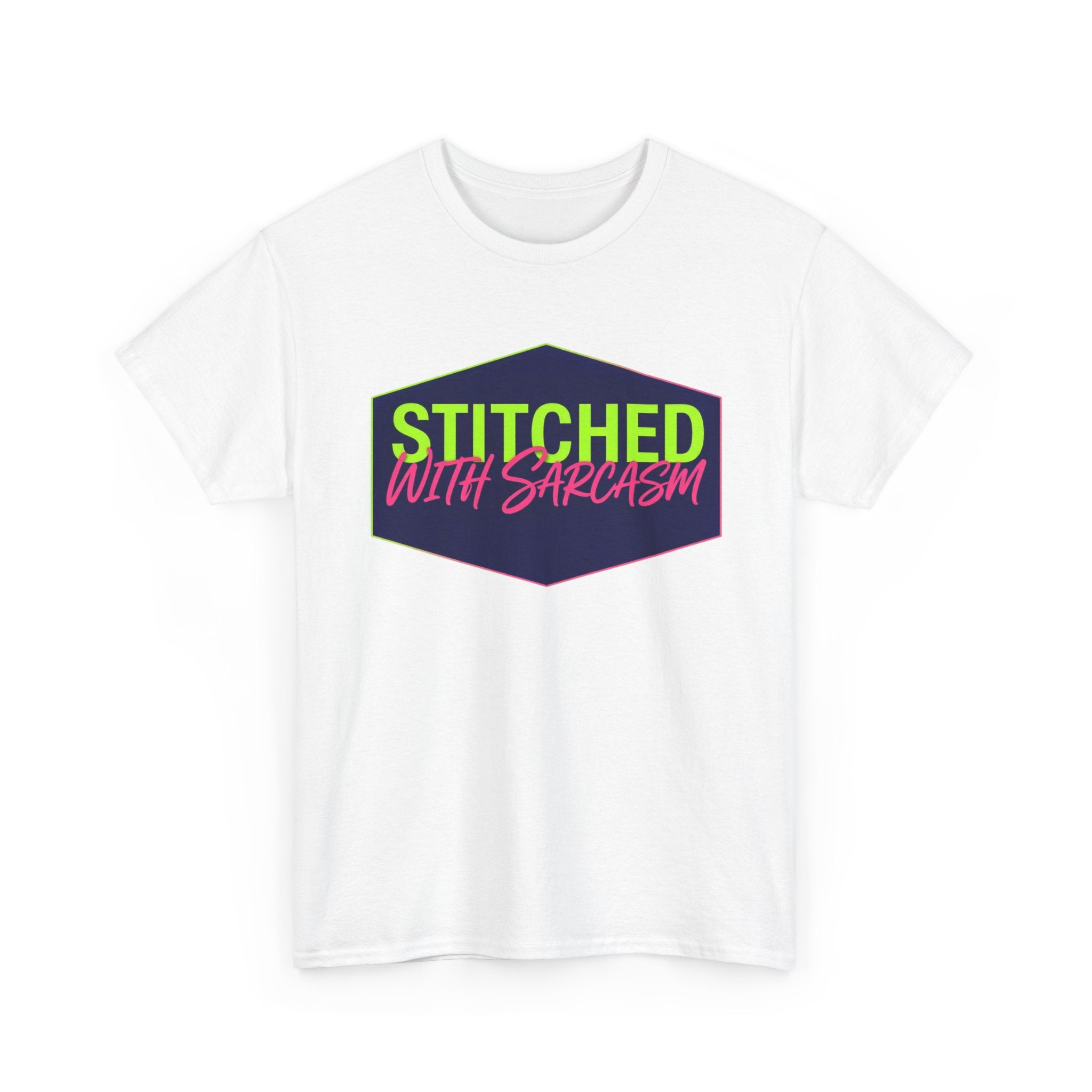 T-Shirt — "Stitched With Sarcasm" Neon Hexagon Graphic Tee