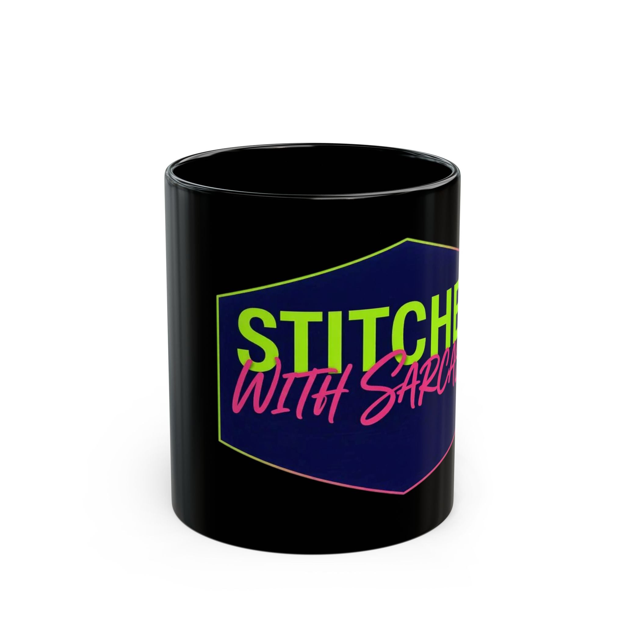 Mug - "Stitched with Sarcasm" Neon Graphic Black Coffee Mug (11oz/15oz)
