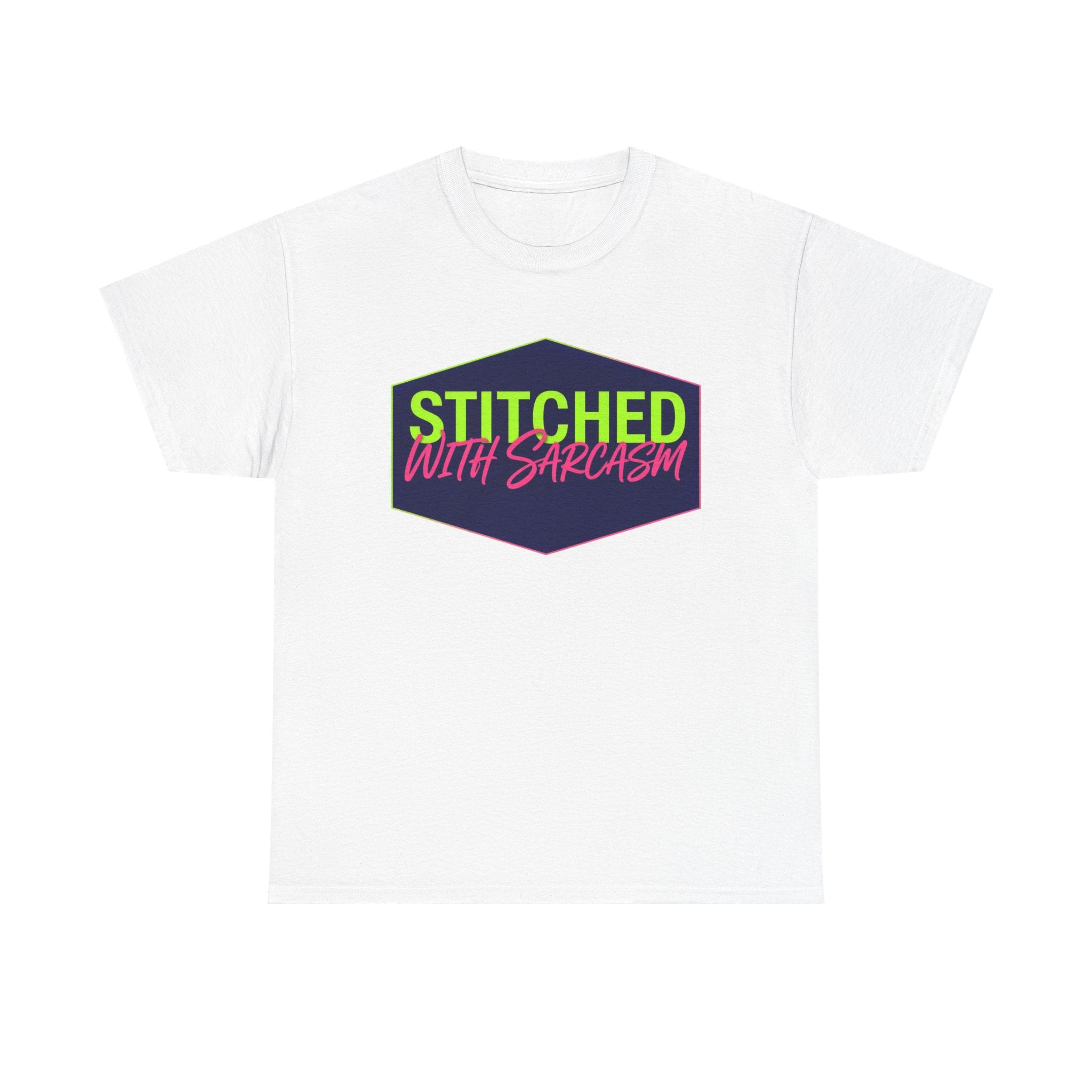 T-Shirt — "Stitched With Sarcasm" Neon Hexagon Graphic Tee